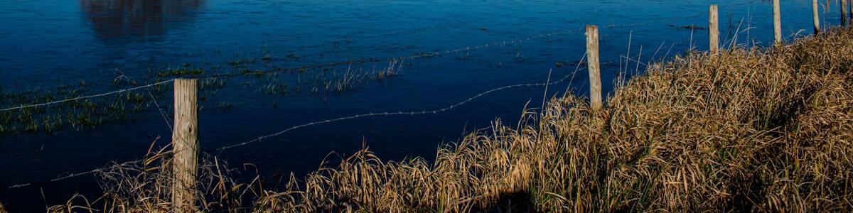 Vendée, France; January 2, 2021: the marshes of blue colors are frozen, winter is here, a superb day with a magnificent sky, not far from Challans.