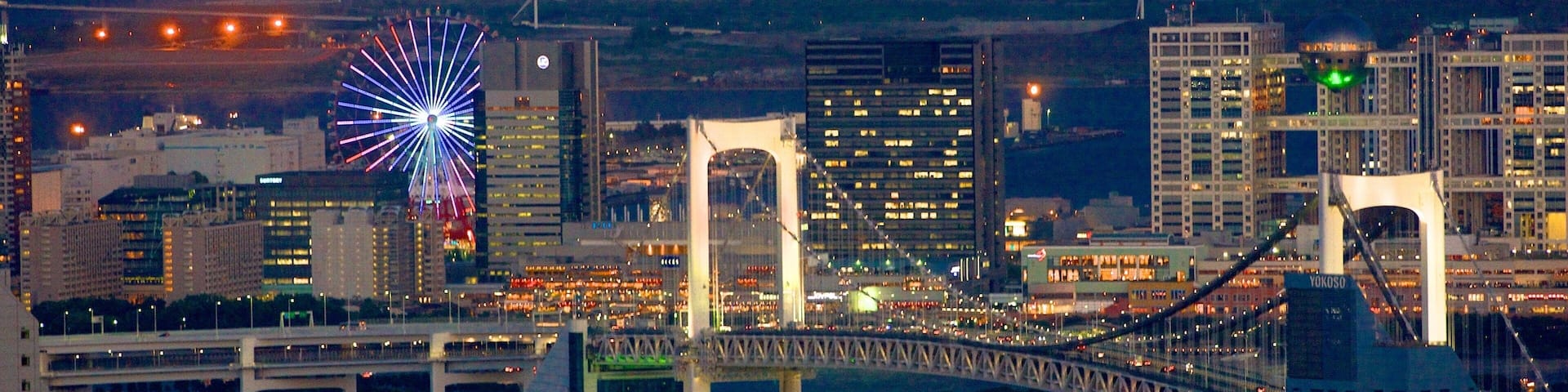 Tóquio caracterizando uma cidade, cenas noturnas e uma baía ou porto