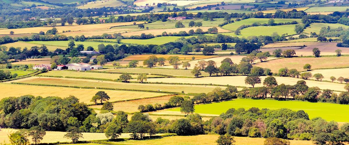 Rolling hills, fields, and scattered buildings in a rural landscape.