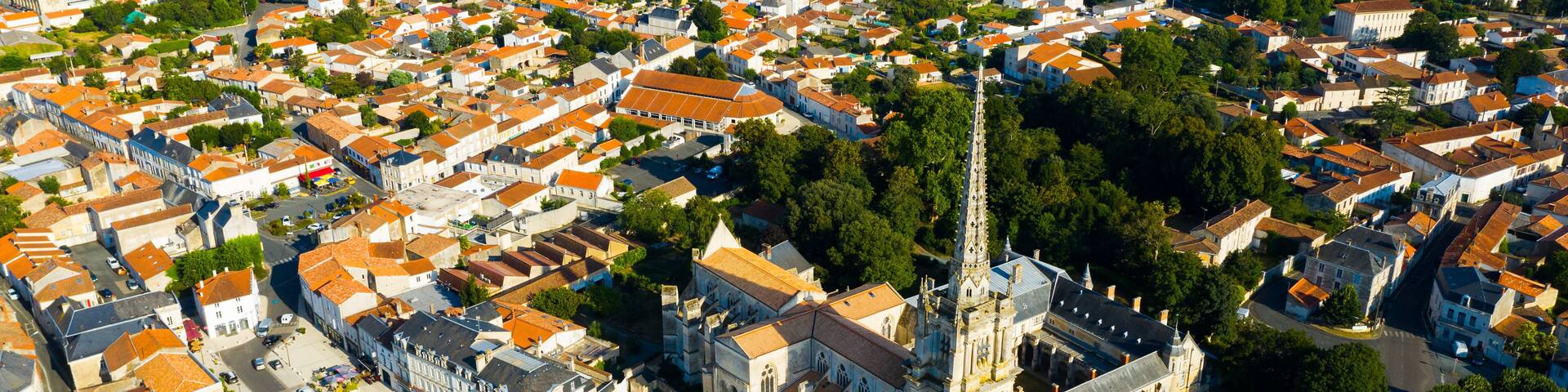 Aerial view of Lucon cityscape and cathedral of Notre Dame in Vendee department, western France