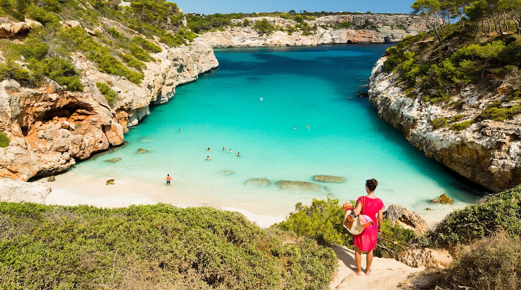 A coastal landscape with a clear turquoise sea, rocky cliffs, and a sandy beach.