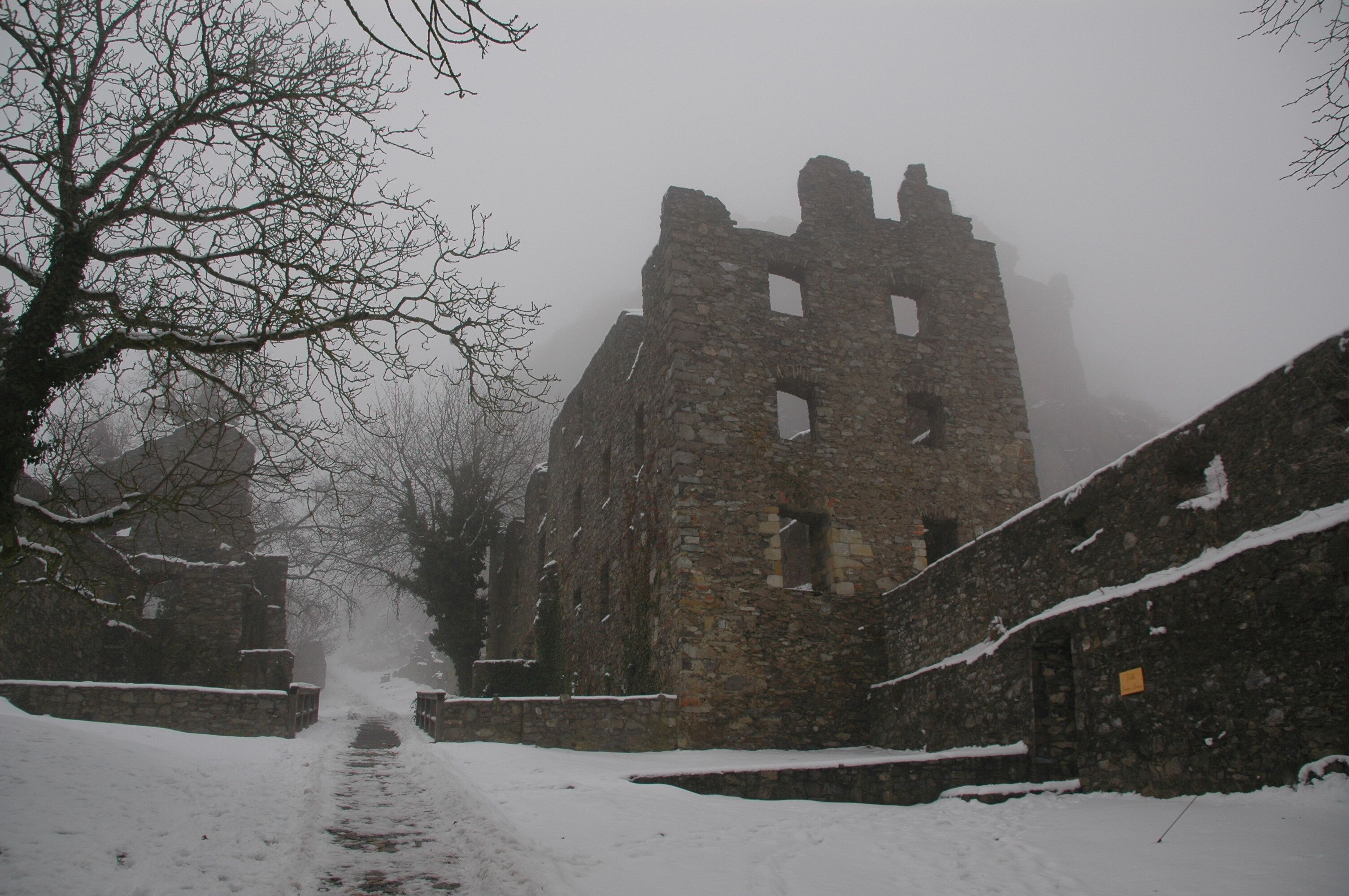 Un château médiéval enneigé, avec des murs et des tours en pierre, entouré d’arbres dénudés et plongé dans une atmosphère brumeuse.