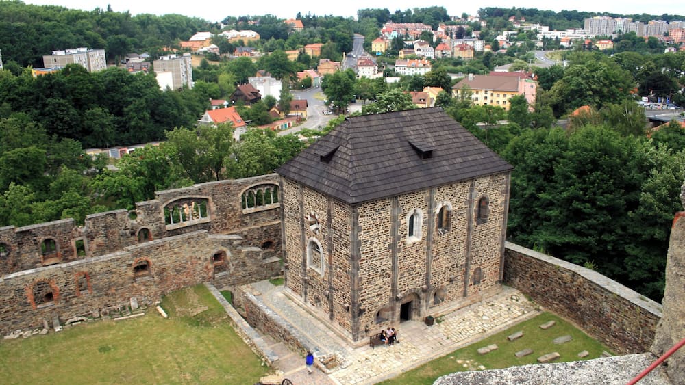 Ein historisches Steinhaus mit einem Ziegeldach, umgeben von einem gepflegten Rasen und einem Graben.