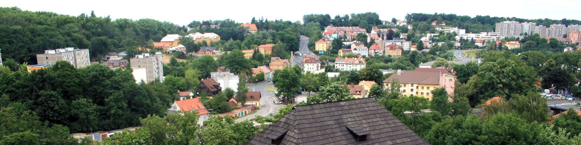 View from Black tower of Cheb in front the castle Castel Chapel, west of Czech Republic