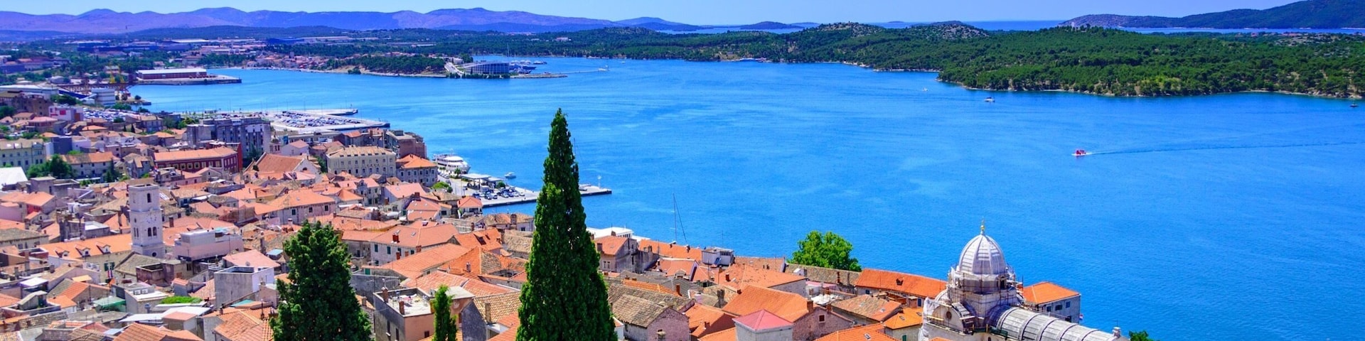 Cathedral of St James and Kanal-Luka in Šibenik, Croatia. The cathedral was added to the list of UNESCO World Heritage Sites in 2000. Photograph taken from St. Michael’s Fortress.