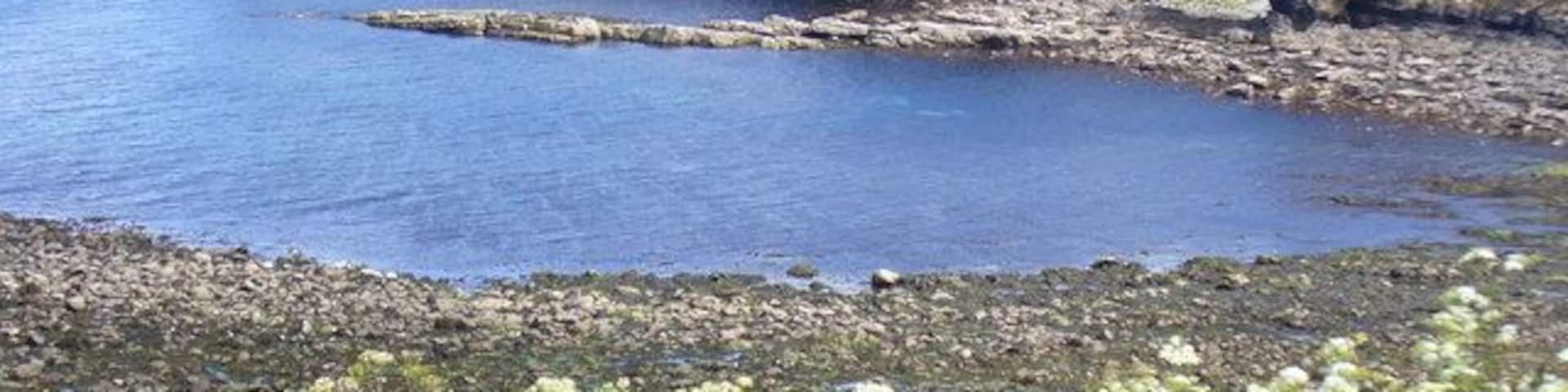 By Little Clett, Brough The bay near low tide seen from the road to Dunnet Head. The cliffs are layered old red sandstone and the shore is rocky.