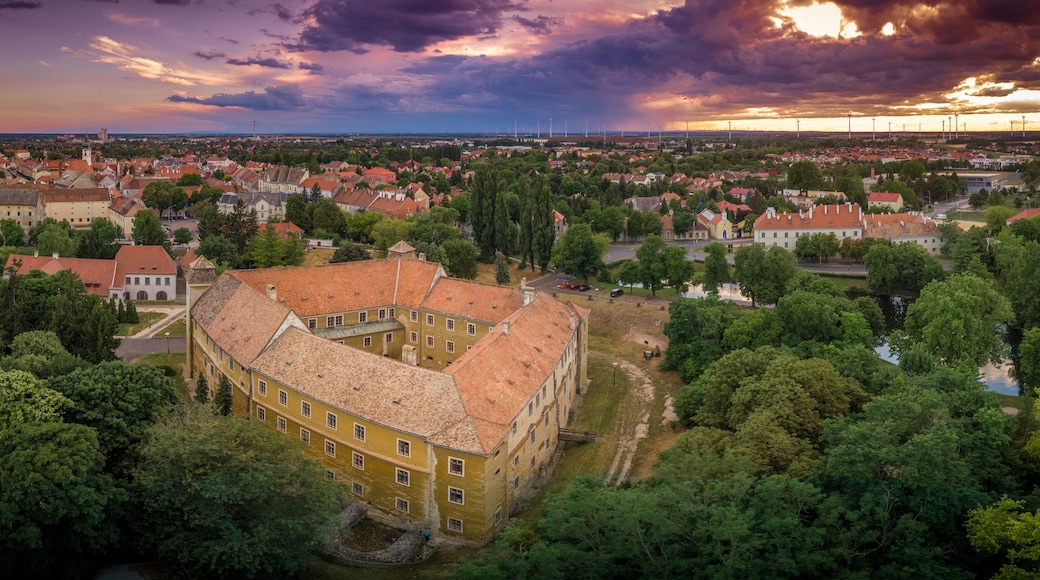 Stunning sunset with purple red blue orange and yellow colors over Mosonmagyarovar roman catholic church and castle in Hungary
