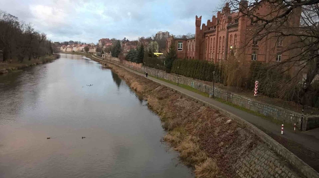 View of the Lustsina Neiesse river that separates Zgorzelec, Poland (visible on the right) from Görlitz, Germany.