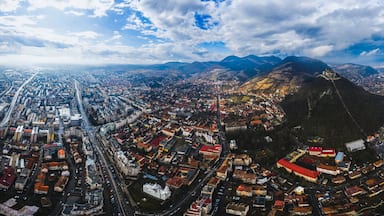 Wide panorama of Deva fortress and city around, Romania
