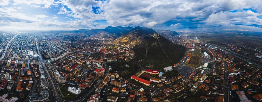 Wide panorama of Deva fortress and city around, Romania
