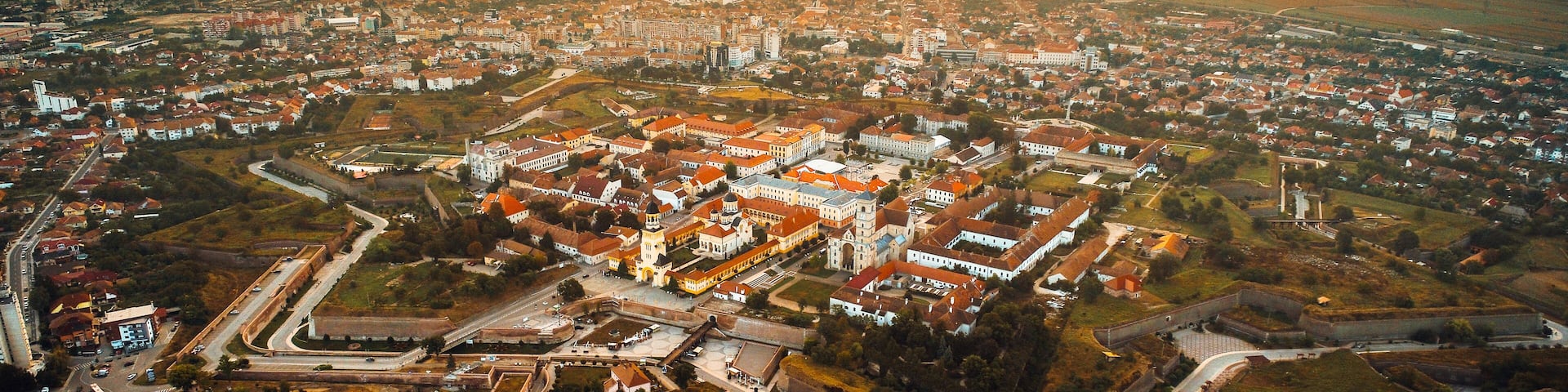 Aerial view of Alba Iulia city and fortress from Transylvania during autumn sunrise