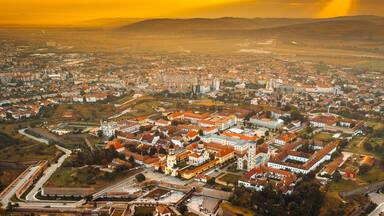 Aerial view of Alba Iulia city and fortress from Transylvania during autumn sunrise