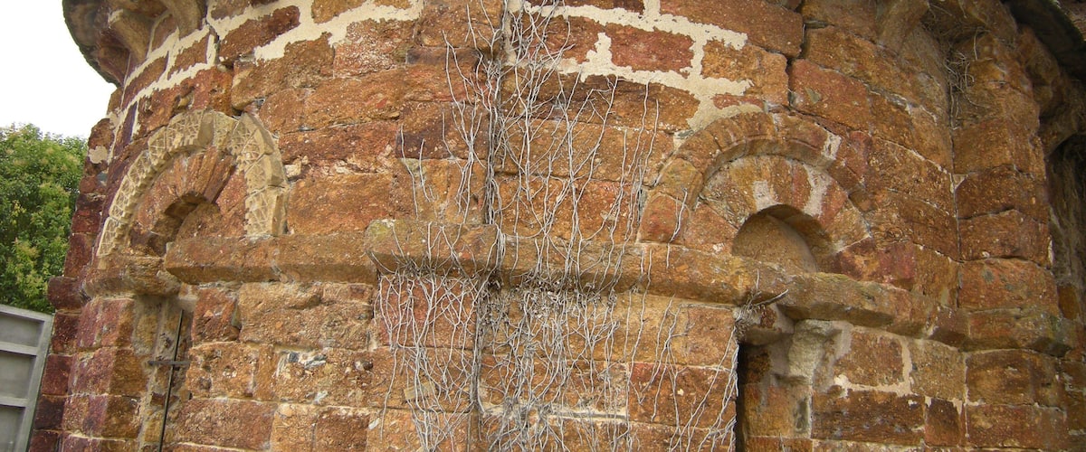 A weathered brick wall with a cross and a bottle.