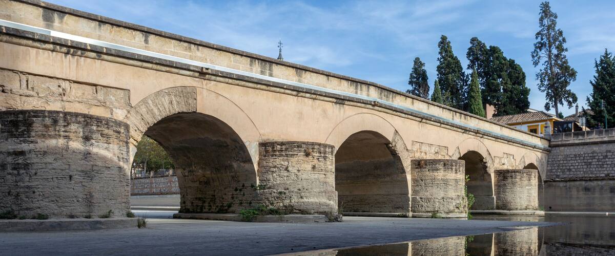 A stone bridge with multiple arches over a calm body of water, reflecting the structure and trees in the background.