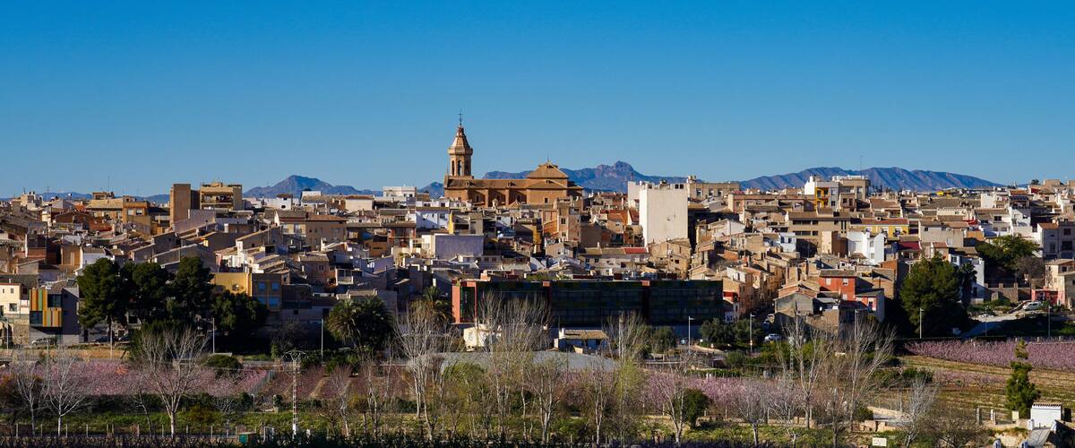 A densely packed cityscape with a prominent church and mountains in the background.