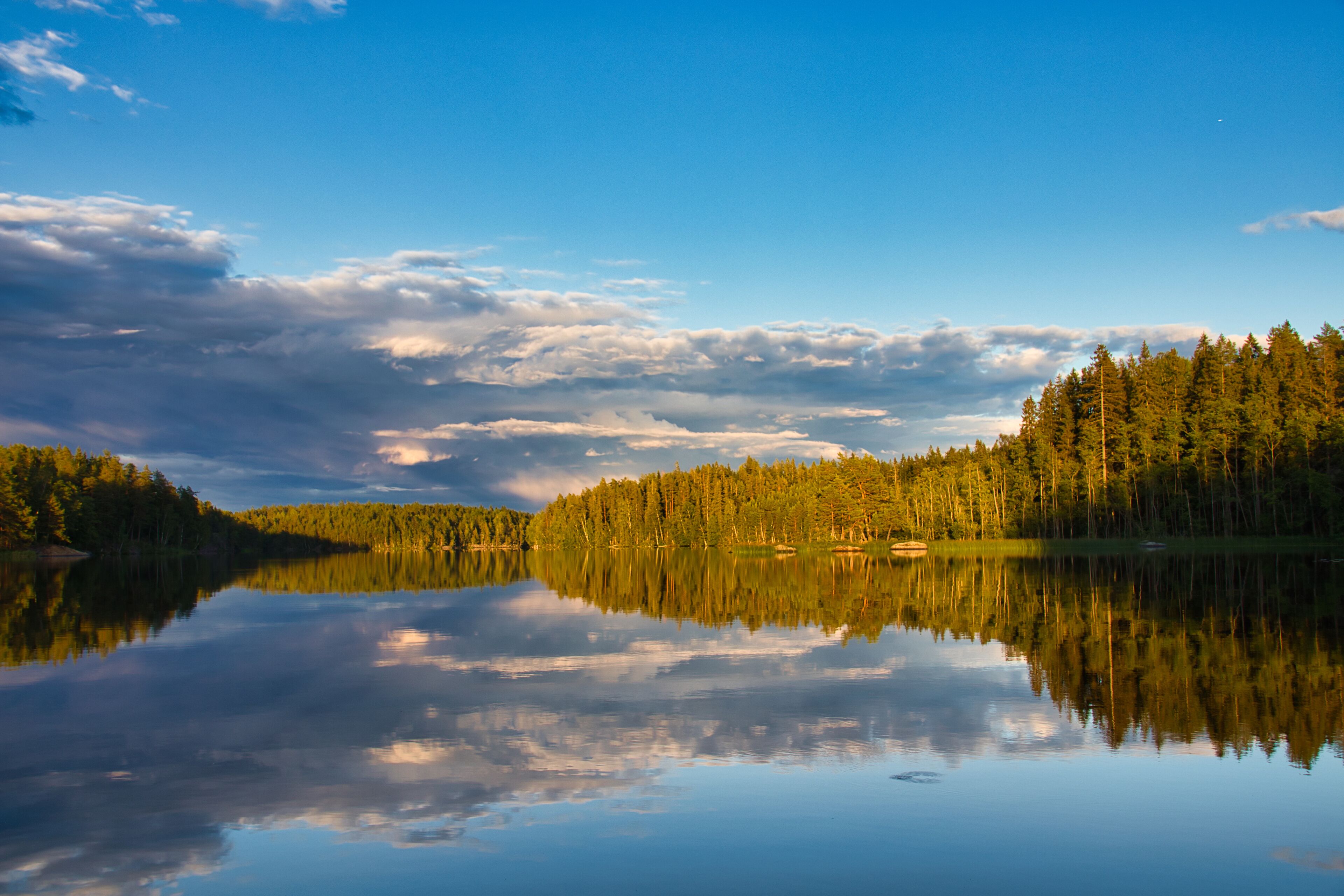 Idyllic panorama landscape of Swedish lake sunset