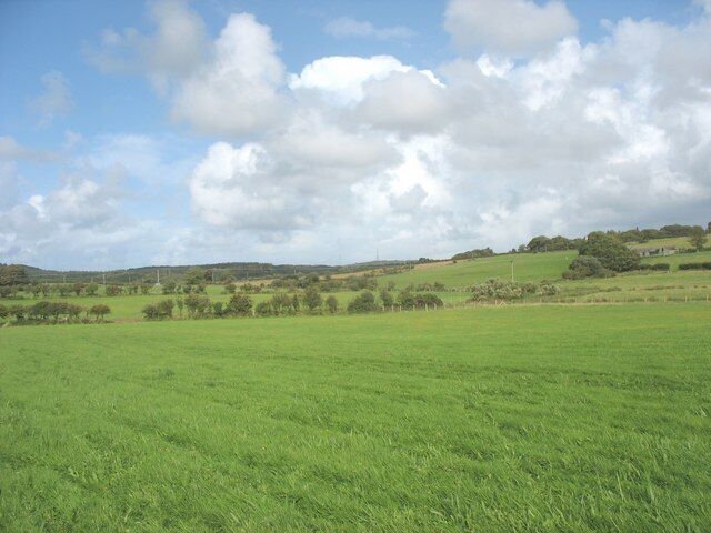 Um campo verde com colinas ondulantes e árvores dispersas sob um céu parcialmente nublado.