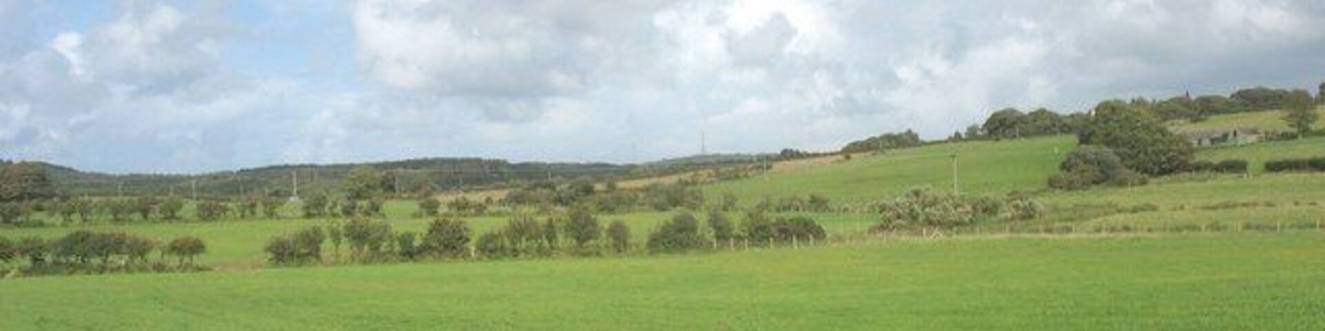 Um campo verde com colinas ondulantes e árvores dispersas sob um céu parcialmente nublado.