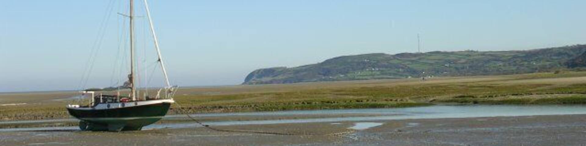 High and dry! Looking to the northeast across the mud and sand of Red Wharf Bay at low tide. The TV transmitter mast at Llandona is prominent on the skyline beyond.