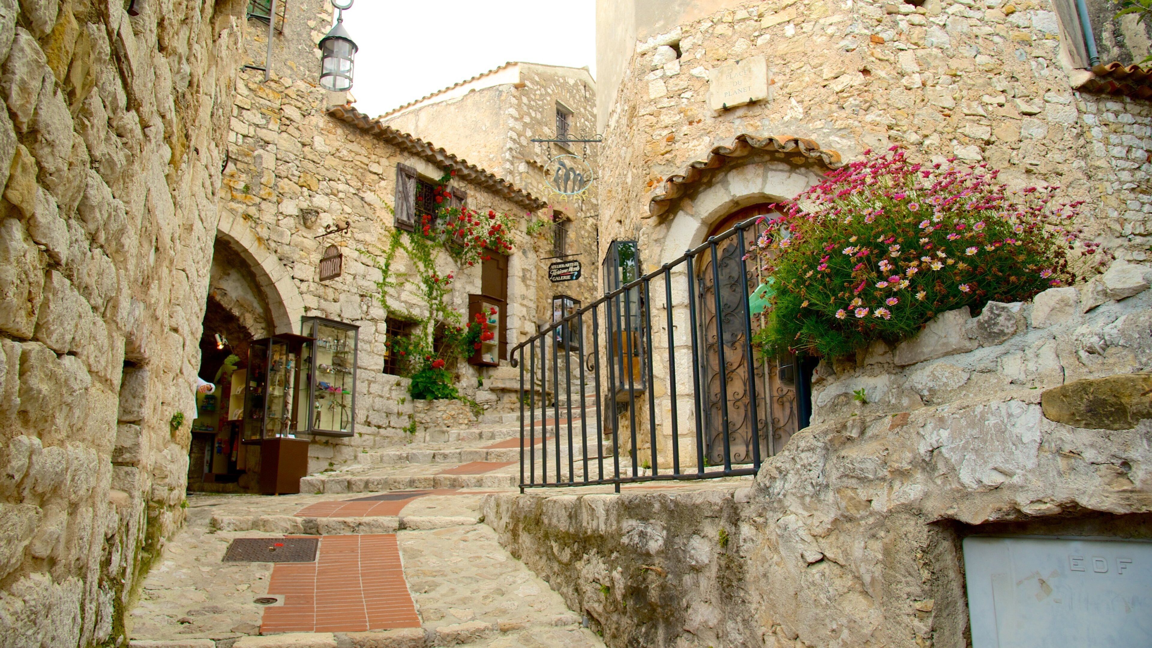 A narrow stone street flanked by old buildings with flower boxes and a metal gate.