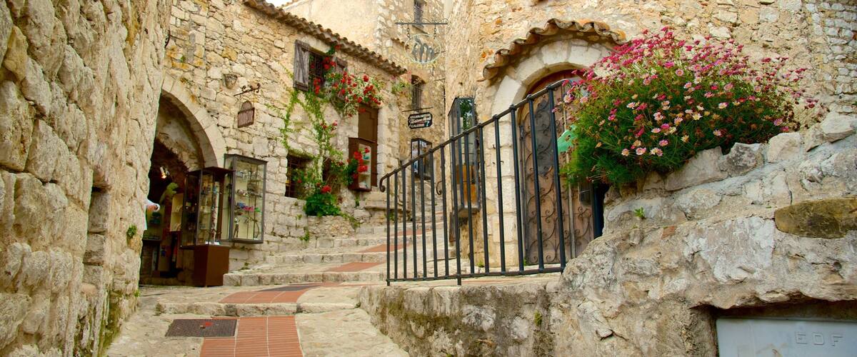 A narrow stone street flanked by old buildings with flower boxes and a metal gate.