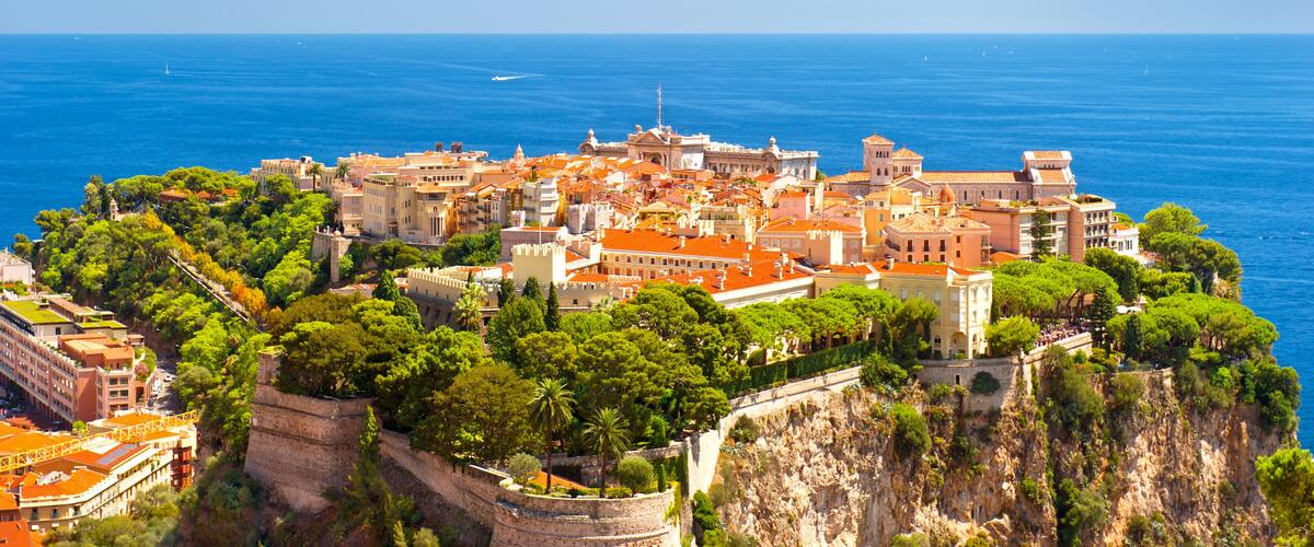 Panoramic view of Monaco with Prince's Palace and Oceanographic Museum. Cote d'Azur, french riviera