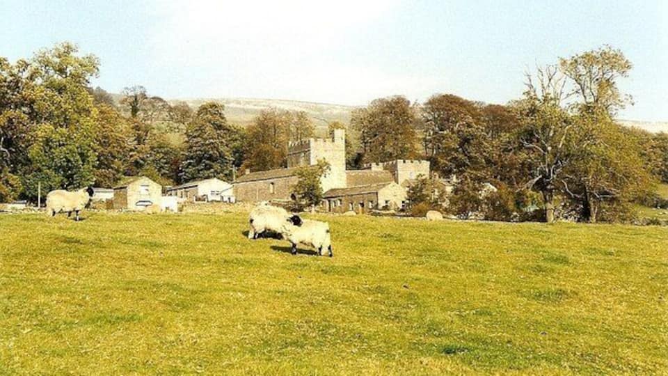 A rural landscape with sheep grazing, a church, and a castle in the background.