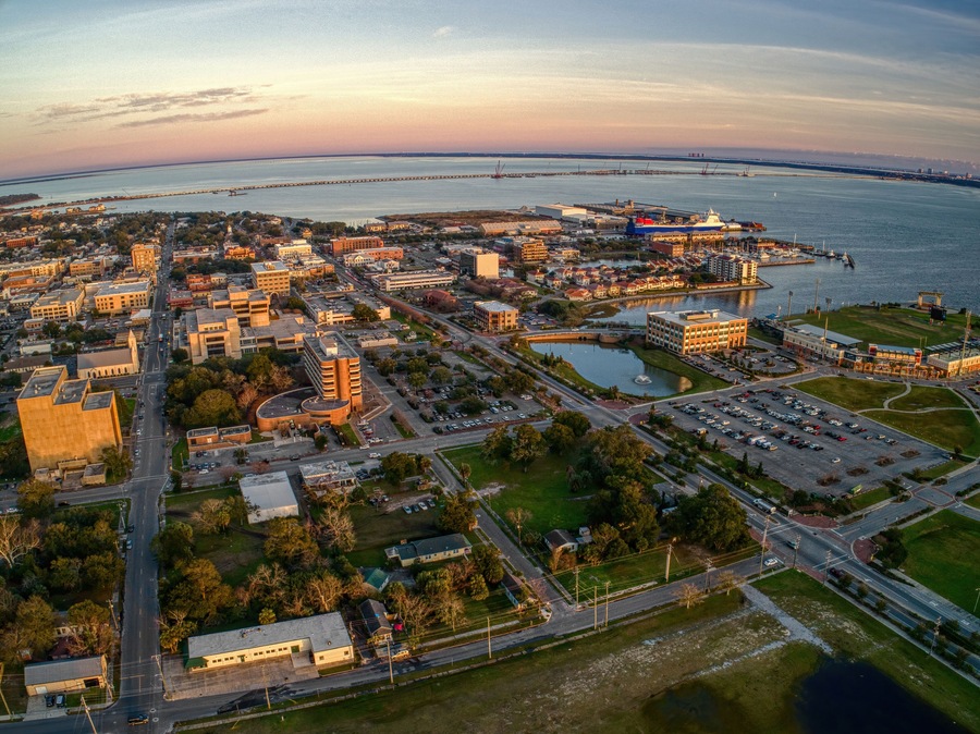 Aerial View of Pensacola Florida during Sunset