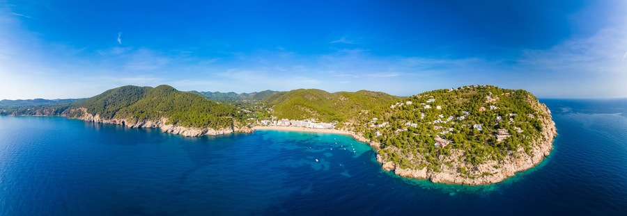 Ibiza, Balearics, Spain - Cala de San Vincente or Sant Vincent, bay with beach