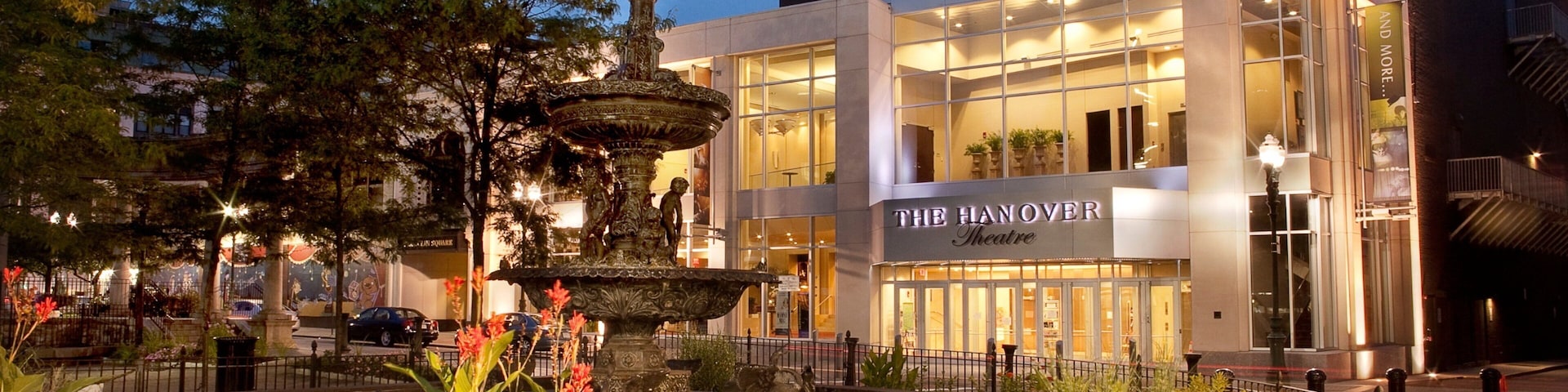 Worcester showing night scenes, a fountain and modern architecture