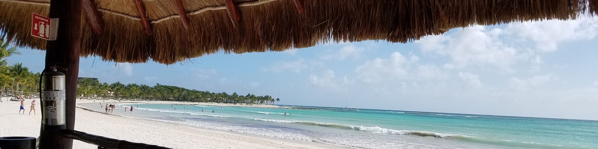 Uma praia com uma estrutura de telhado de palha, palmeiras e vista clara do oceano.
