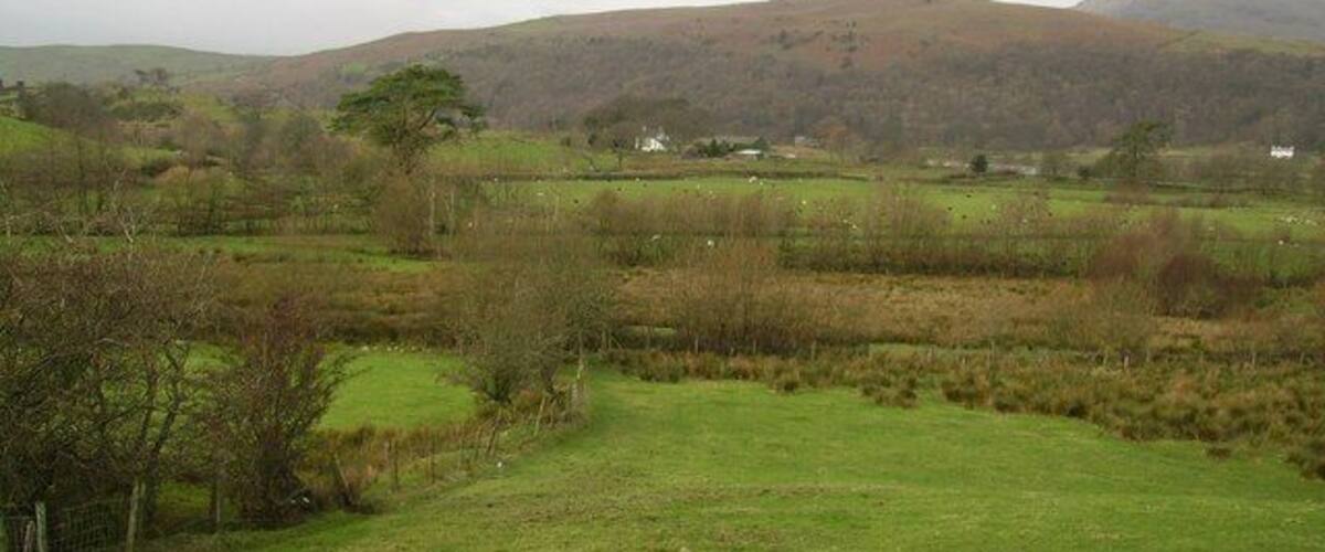 A rural landscape with rolling hills, a fenced field, and scattered trees.