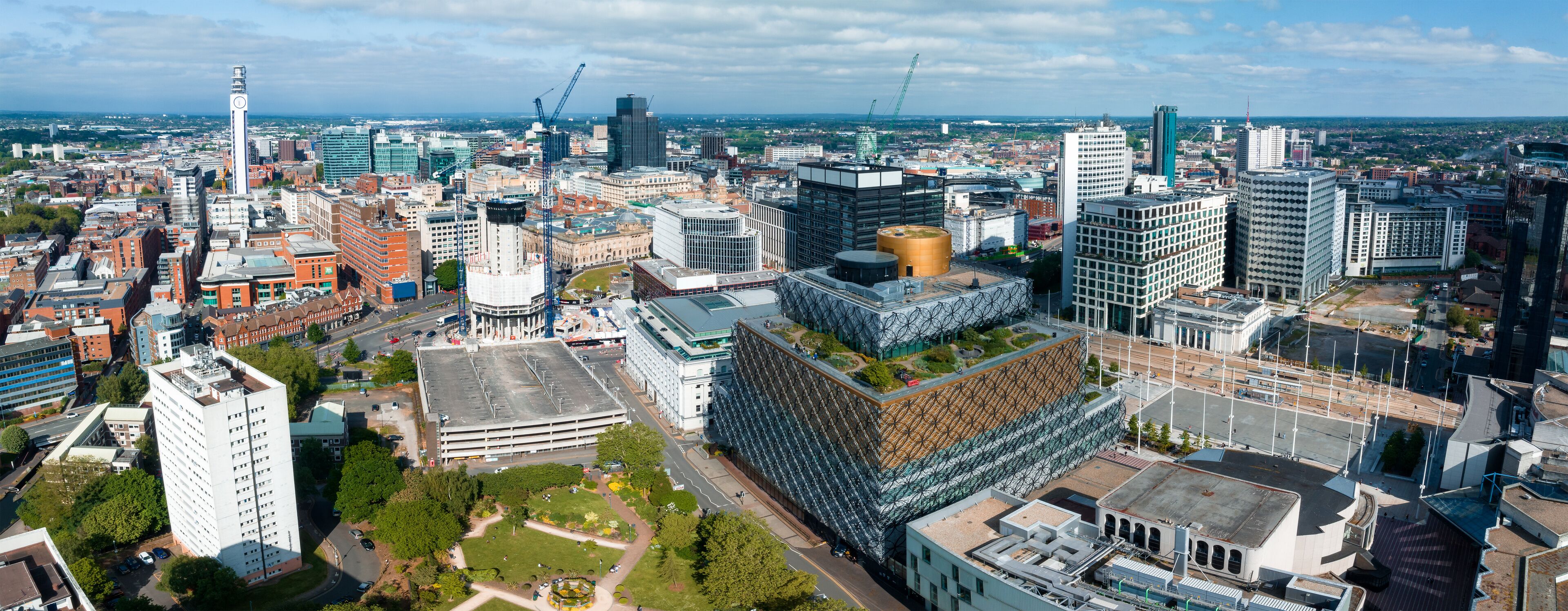 Aerial view of the library of Birmingham, Baskerville House, Centenary Square, Birmingham, West Midlands, England, United Kingdom.