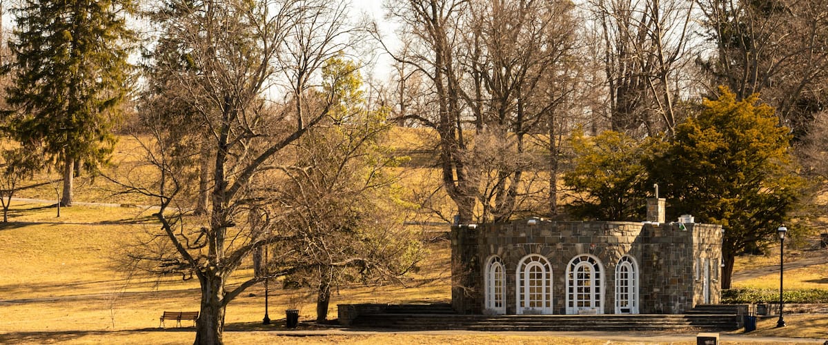 A lake with ducks, a stone building with arched windows, and a bench.