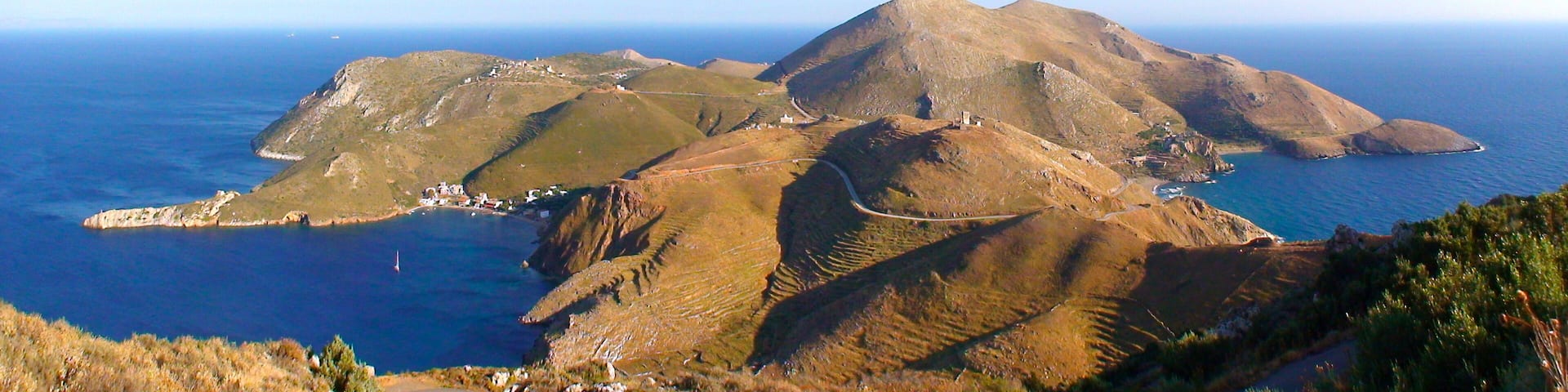 panoramic view of the peninsula of Porto Kagio (quail port) in the south of the Peloponnese, at the extreme tip of Mani in Greece