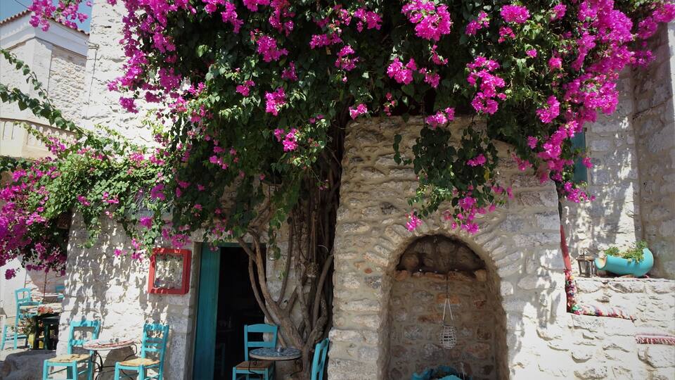 A stone building with a tree covered in pink flowers, blue chairs, and a small table.