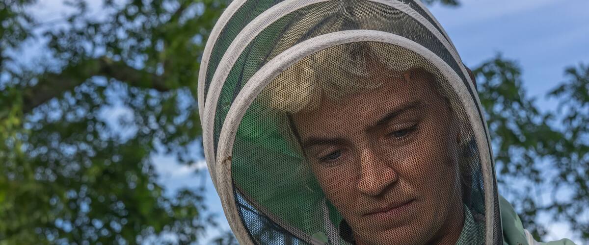 A person in a green jacket and protective headgear holding a honeycomb.