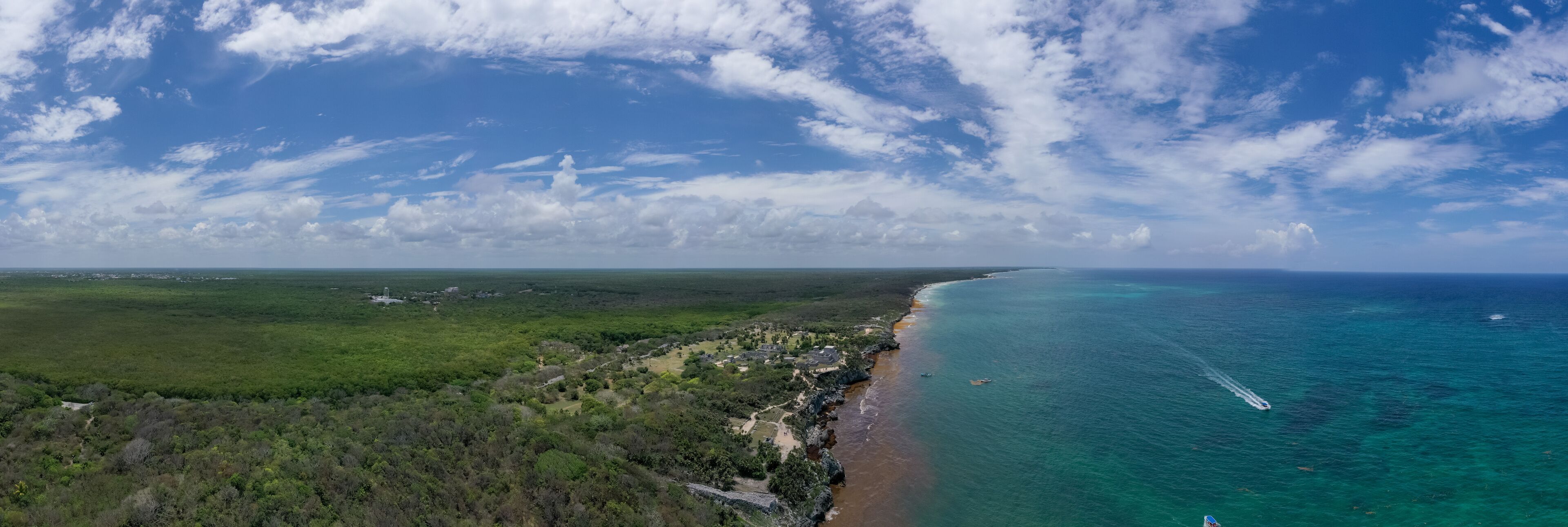 A coastal landscape with a beach, ocean, and a forested area.