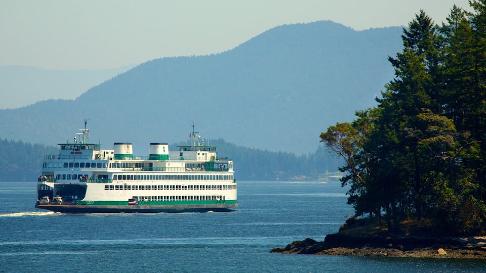 A ferry traveling on a body of water with mountains in the background.