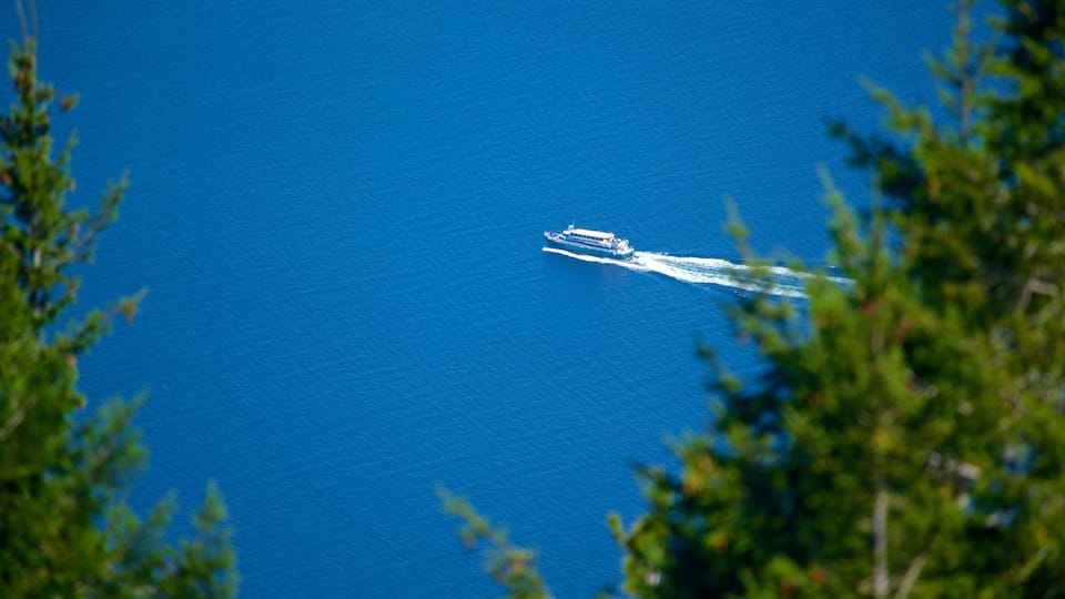 A boat on a clear blue sea with a wake behind it.