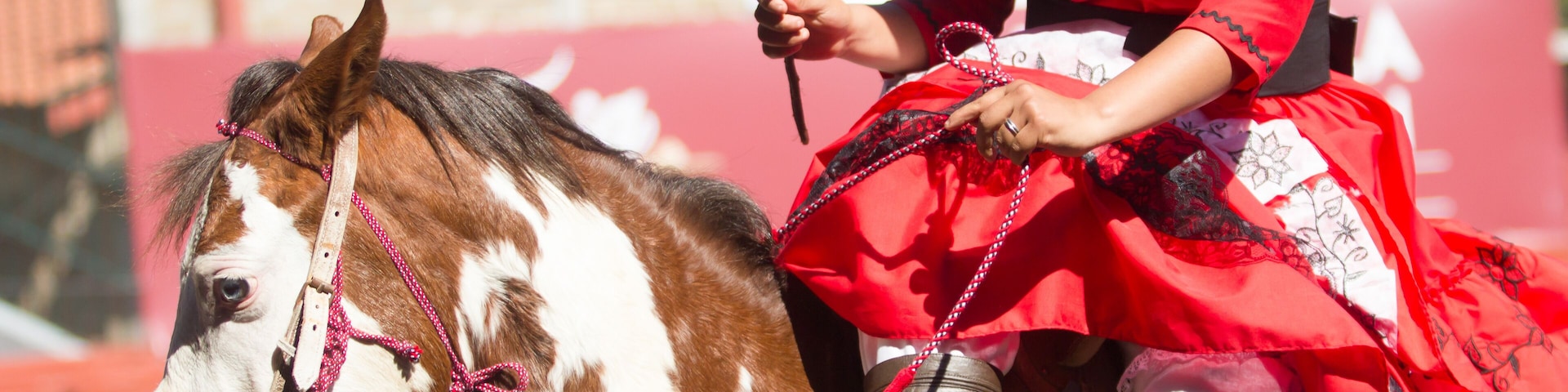 A mexican escaramuza with red dress riding a brown horse