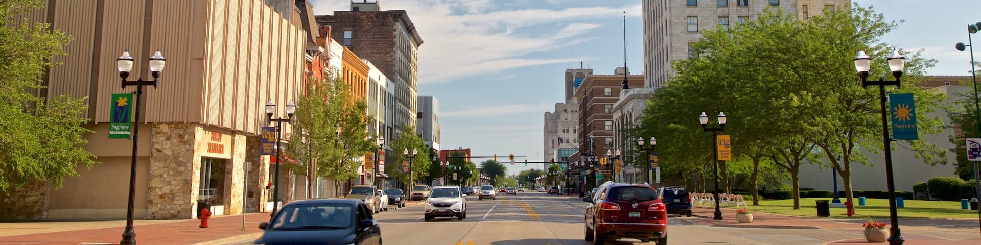 A city street with cars, buildings, and trees.