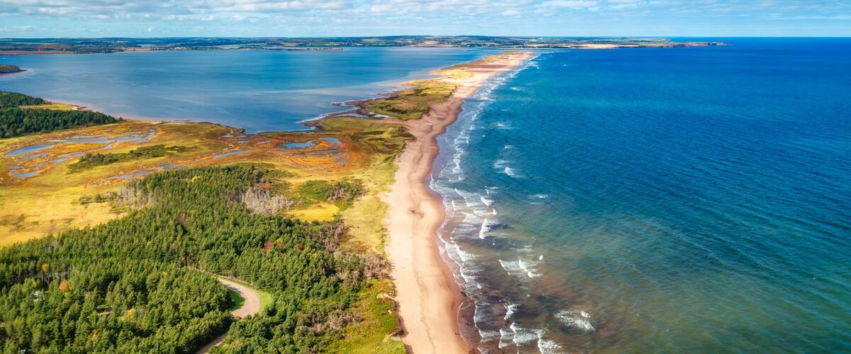 A coastal landscape with a sandy beach, dense forest, and a clear blue sea under a partly cloudy sky.
