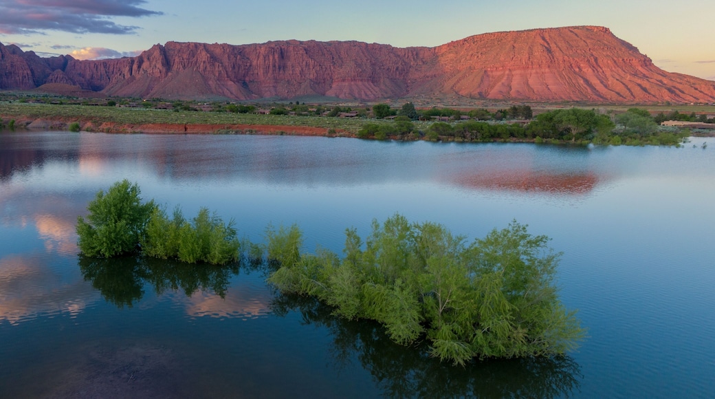 Ivins Reservoir and mountain range at sunset, Ivins, Utah, United States of America.