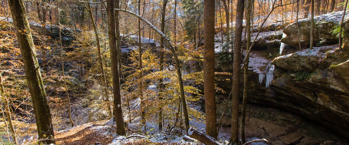 Hemlock Cliffs in Autumn after a light snow, Indiana