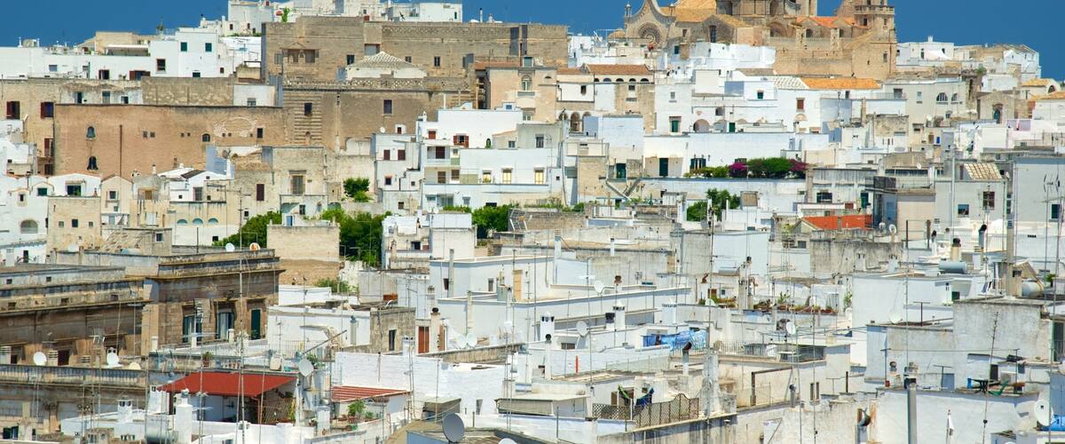 A densely packed urban area with white buildings and a prominent historical building with domes in the background.