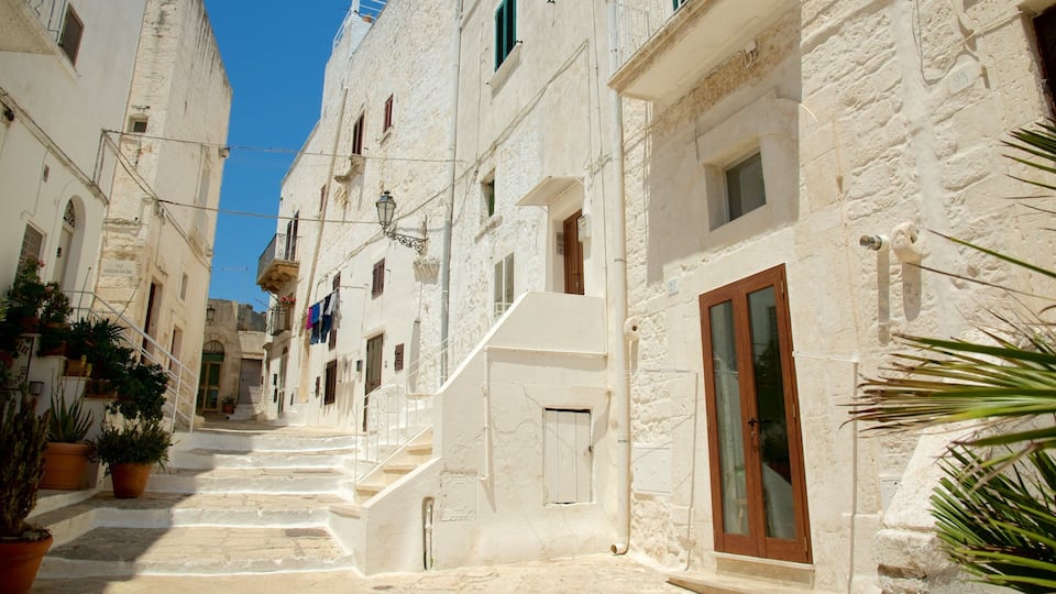 A narrow street with white buildings, a wooden door, and potted plants.