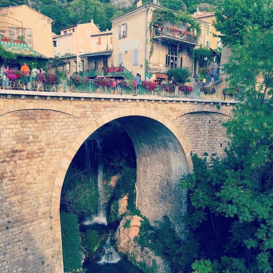 A stone bridge with an arch over a river, surrounded by lush greenery and buildings with balconies.
