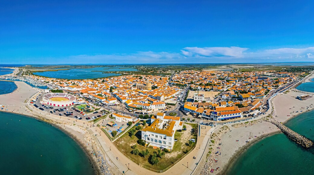 The aerial view of Saintes-Maries-de-la-Mer, the capital of the Camargue in the south of France