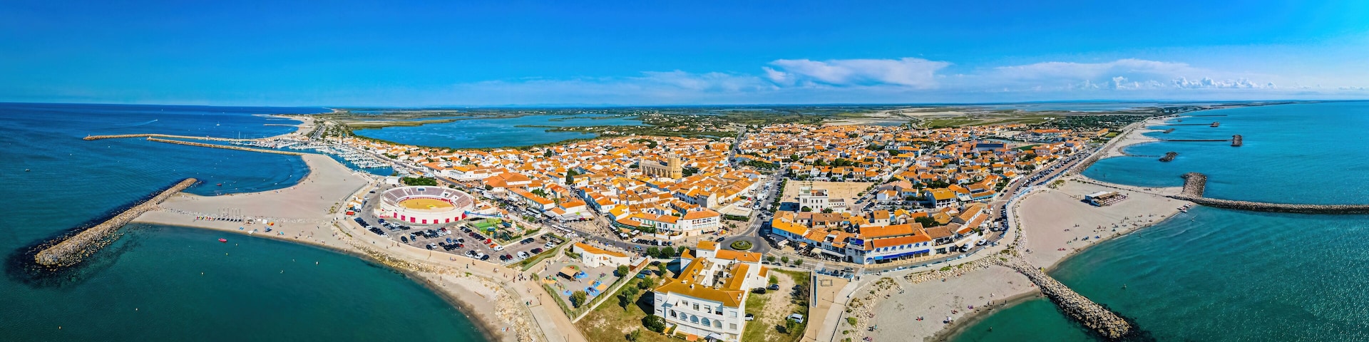 The aerial view of Saintes-Maries-de-la-Mer, the capital of the Camargue in the south of France